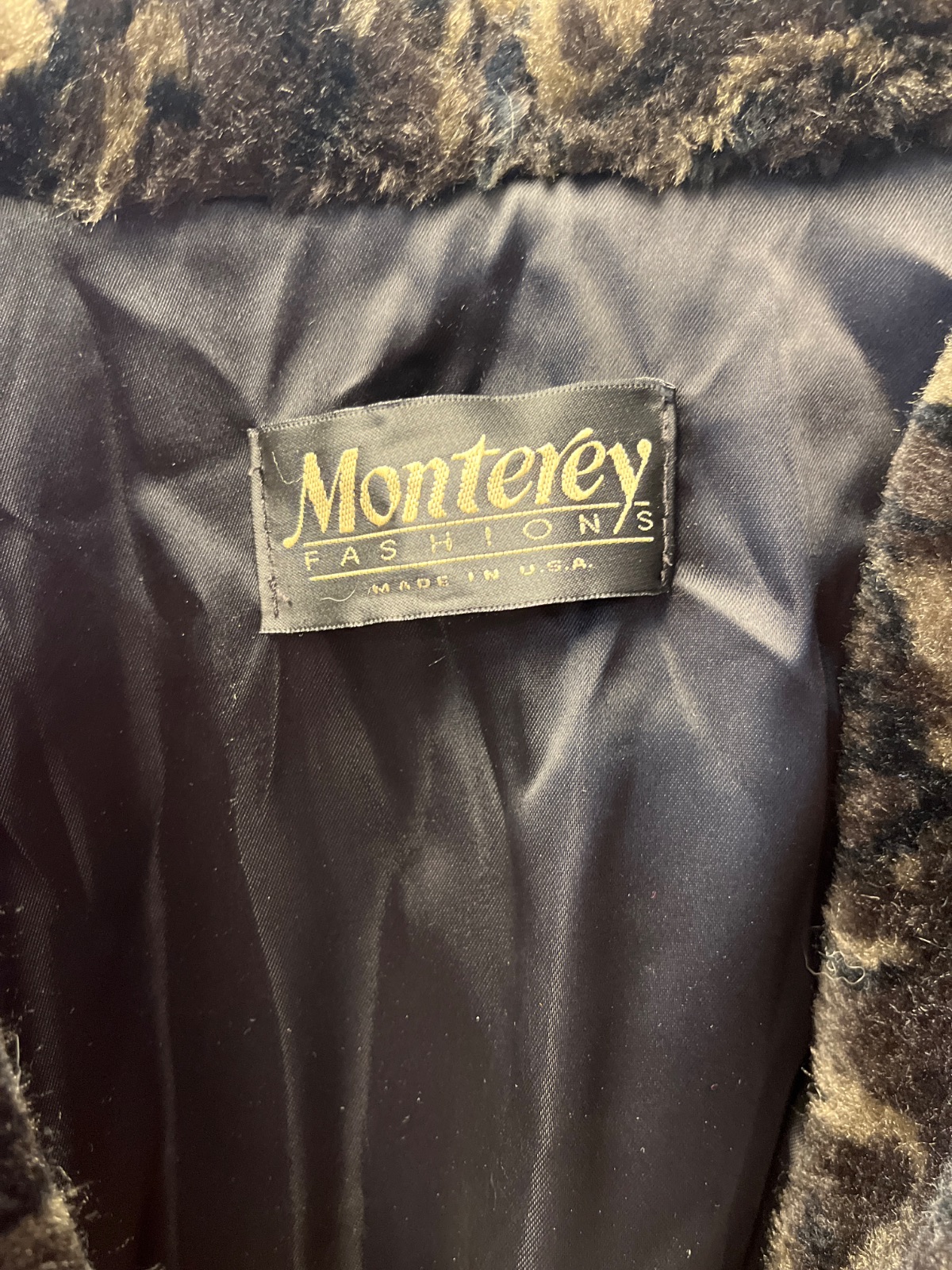 MONTEREY SOFT! FAUX FUR COAT, BLACK AND BROWN SWIRL CUFFS AND COLLAR in BLACK, BROWN