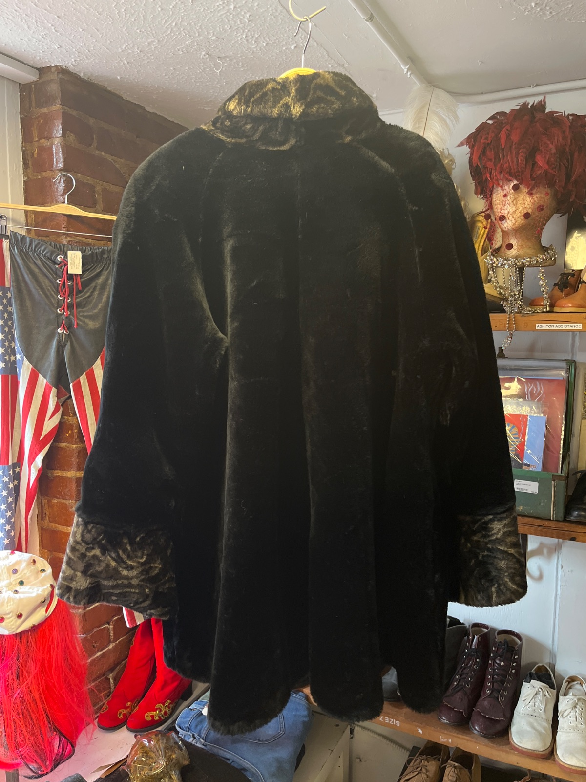 MONTEREY SOFT! FAUX FUR COAT, BLACK AND BROWN SWIRL CUFFS AND COLLAR in BLACK, BROWN