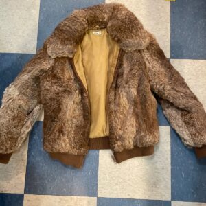 ADORABLE! 1970S RABBIT FUR BOMBER JACKET WITH RIBBED CUFFS in BROWN, MULTI