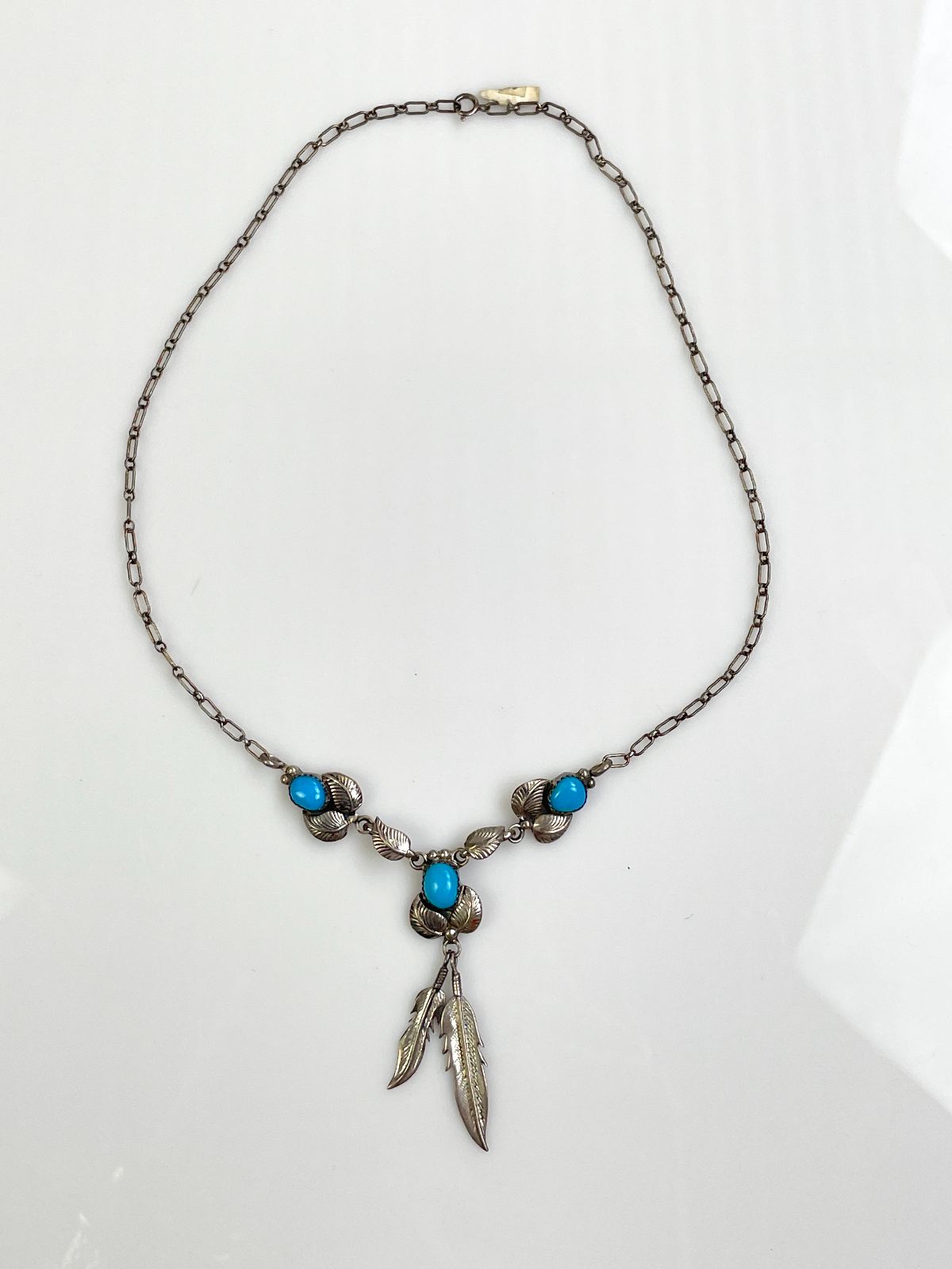 FEATHER CHARM & TURQUOISE CABOCHON NECKLACE *STAMPED in SILVER, BLUE
