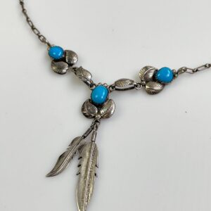 FEATHER CHARM & TURQUOISE CABOCHON NECKLACE *STAMPED in SILVER, BLUE