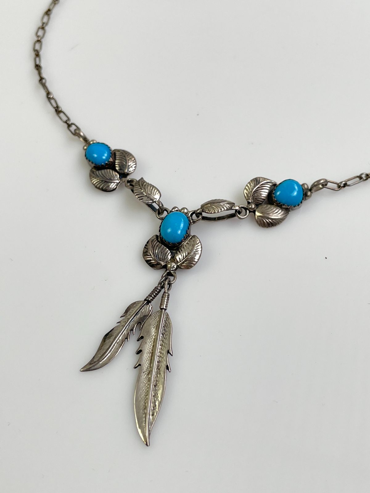 FEATHER CHARM & TURQUOISE CABOCHON NECKLACE *STAMPED in SILVER, BLUE