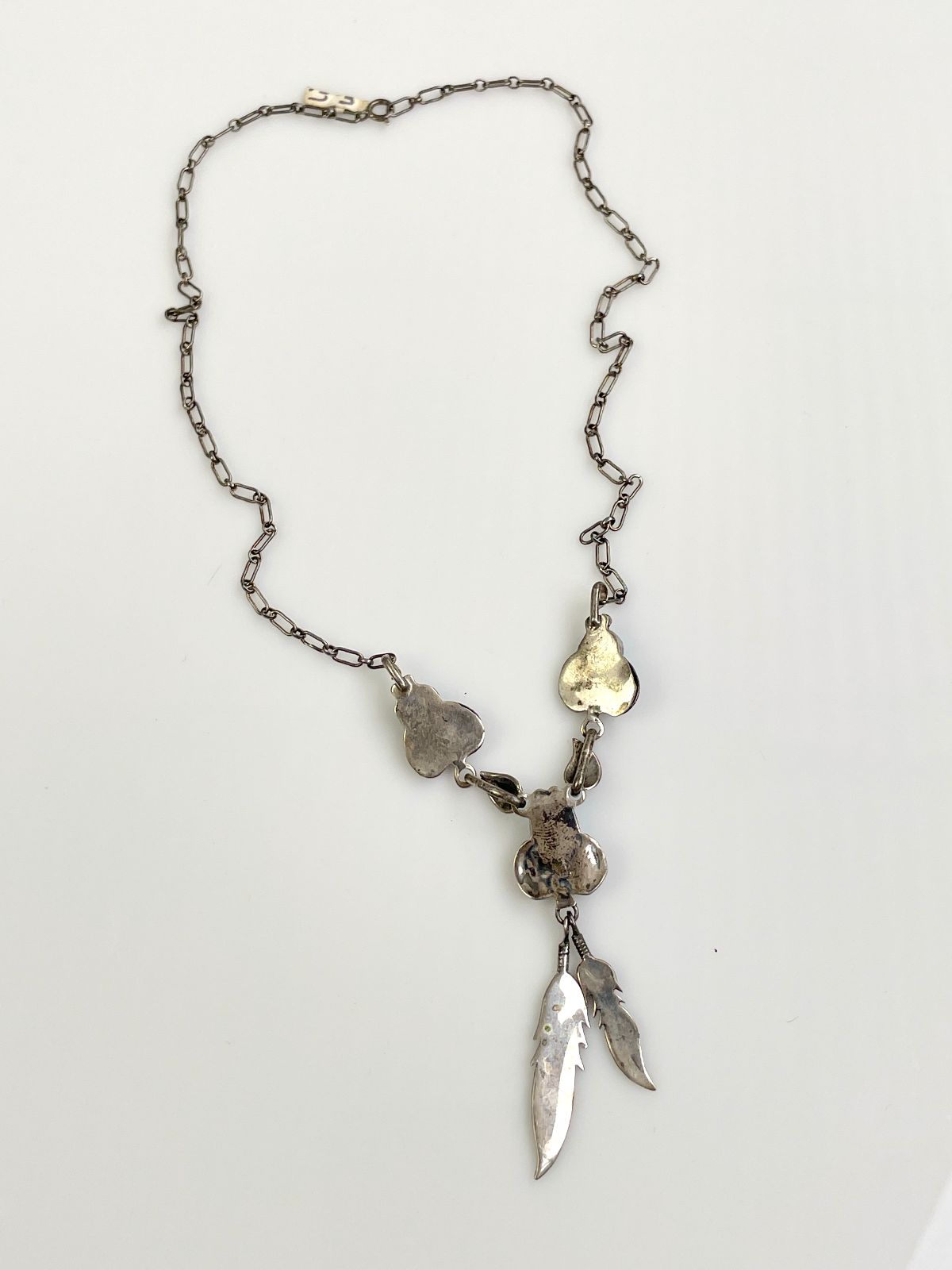 FEATHER CHARM & TURQUOISE CABOCHON NECKLACE *STAMPED in SILVER, BLUE