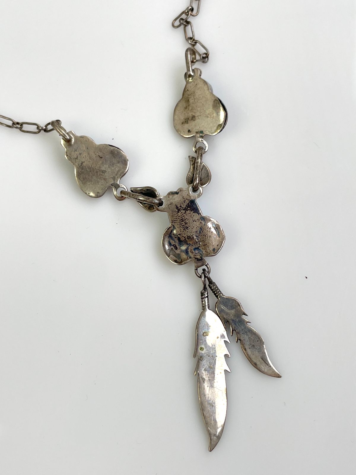 FEATHER CHARM & TURQUOISE CABOCHON NECKLACE *STAMPED in SILVER, BLUE