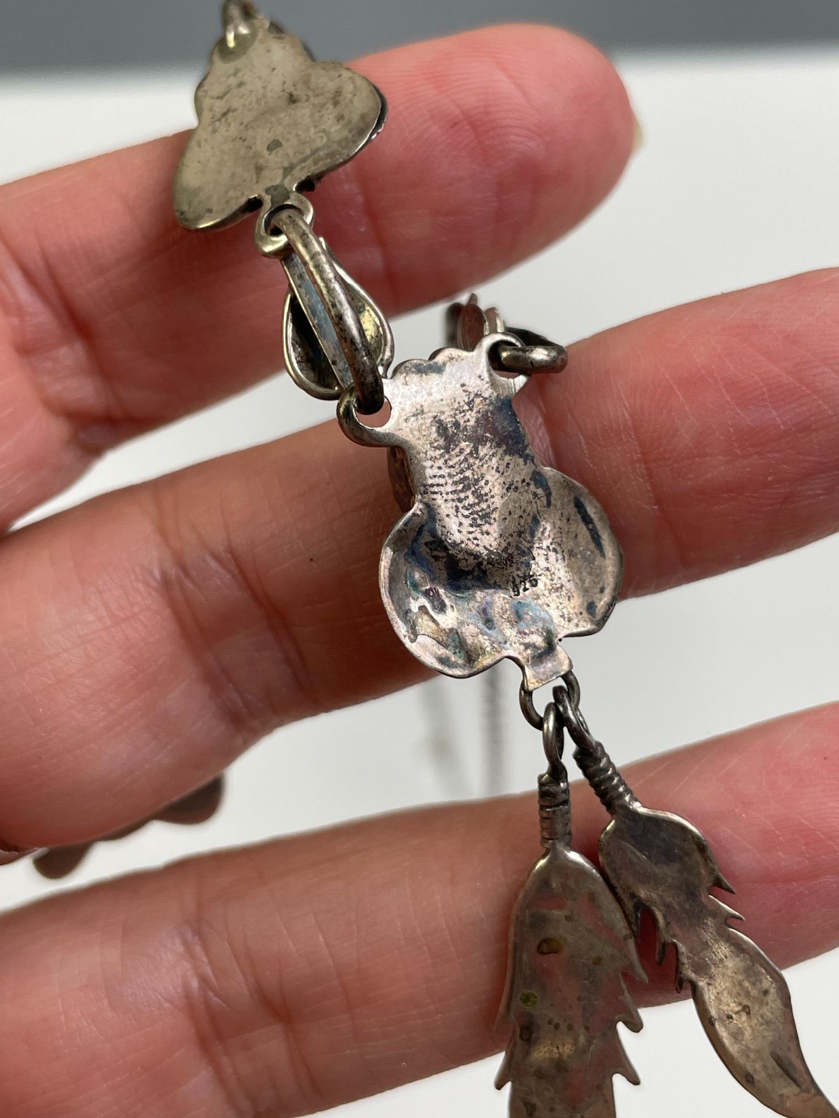 FEATHER CHARM & TURQUOISE CABOCHON NECKLACE *STAMPED in SILVER, BLUE
