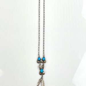 FEATHER CHARM & TURQUOISE CABOCHON NECKLACE *STAMPED in SILVER, BLUE