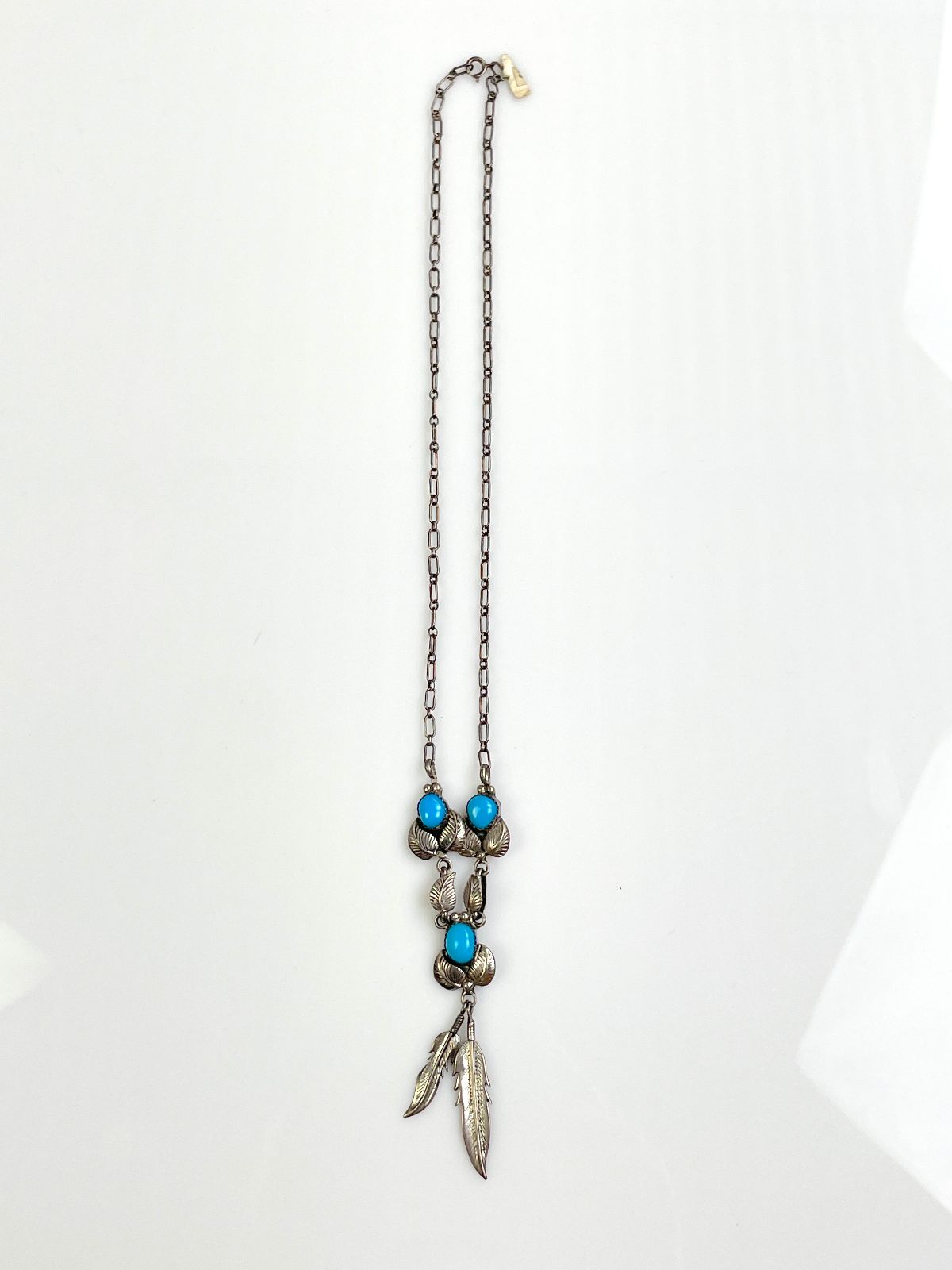 FEATHER CHARM & TURQUOISE CABOCHON NECKLACE *STAMPED in SILVER, BLUE