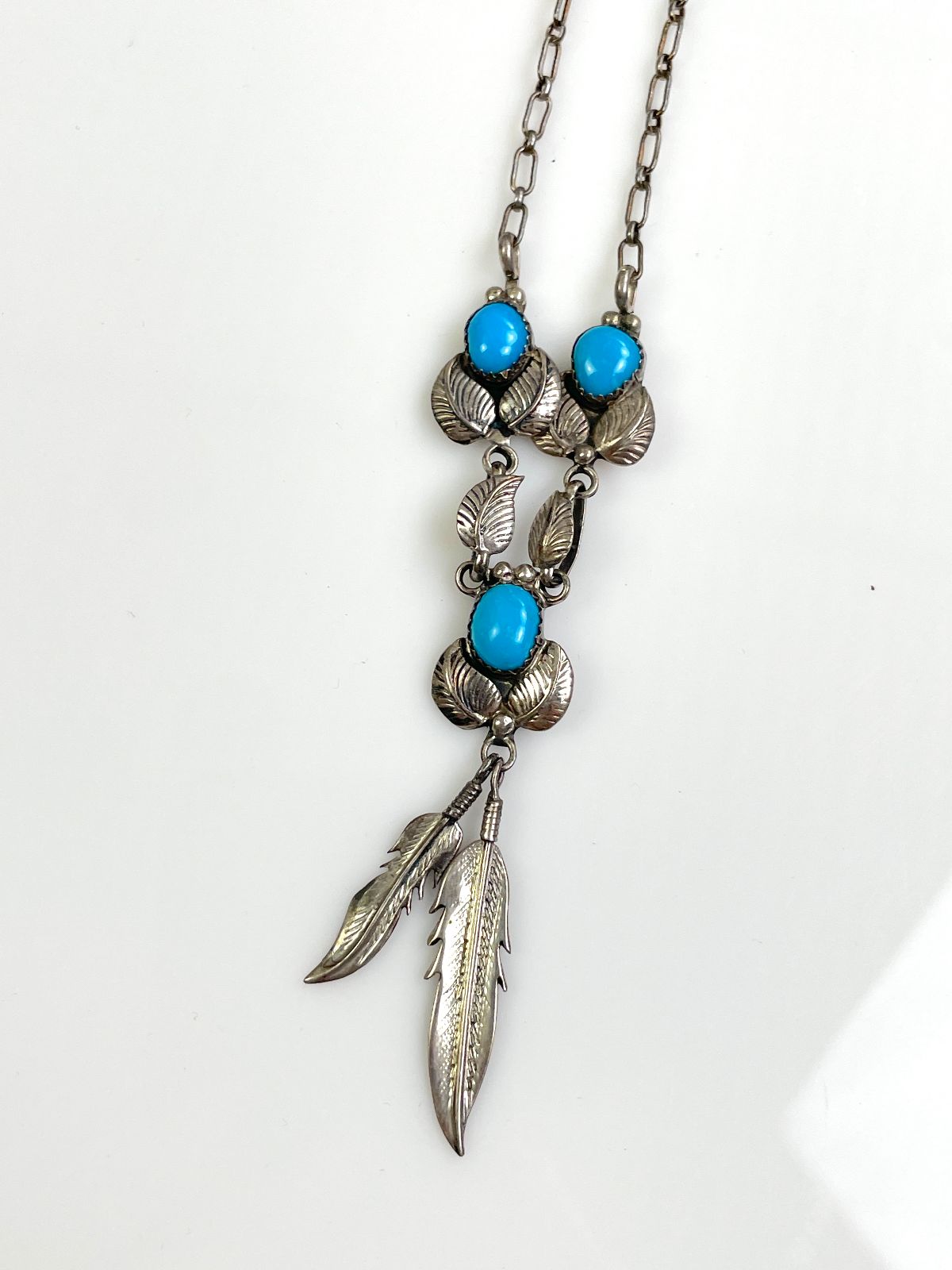FEATHER CHARM & TURQUOISE CABOCHON NECKLACE *STAMPED in SILVER, BLUE