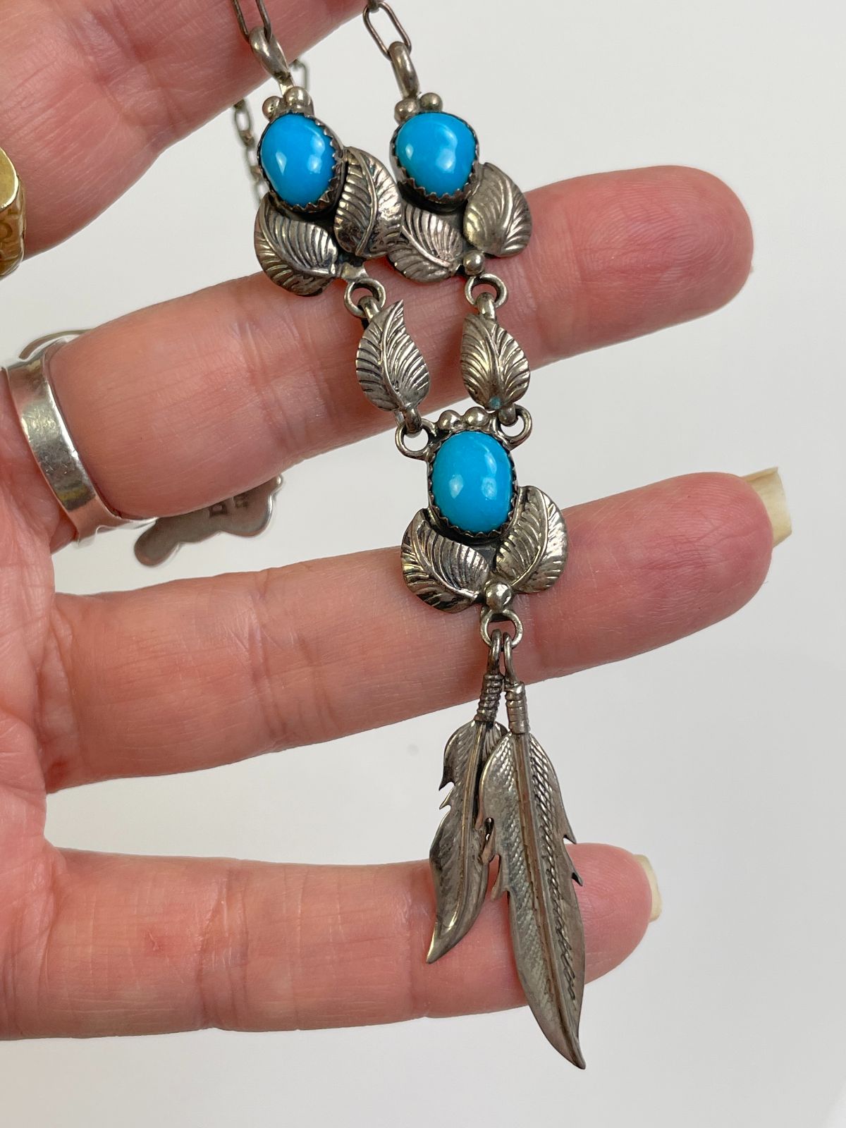 FEATHER CHARM & TURQUOISE CABOCHON NECKLACE *STAMPED in SILVER, BLUE