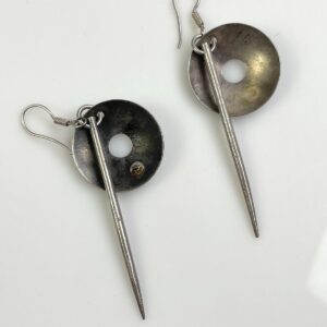 *SIGNED LH 925 ANTIQUE STERLING SILVER MODERNIST STYLE DISC & PENDULUM NEEDLE EARRINGS in SILVER