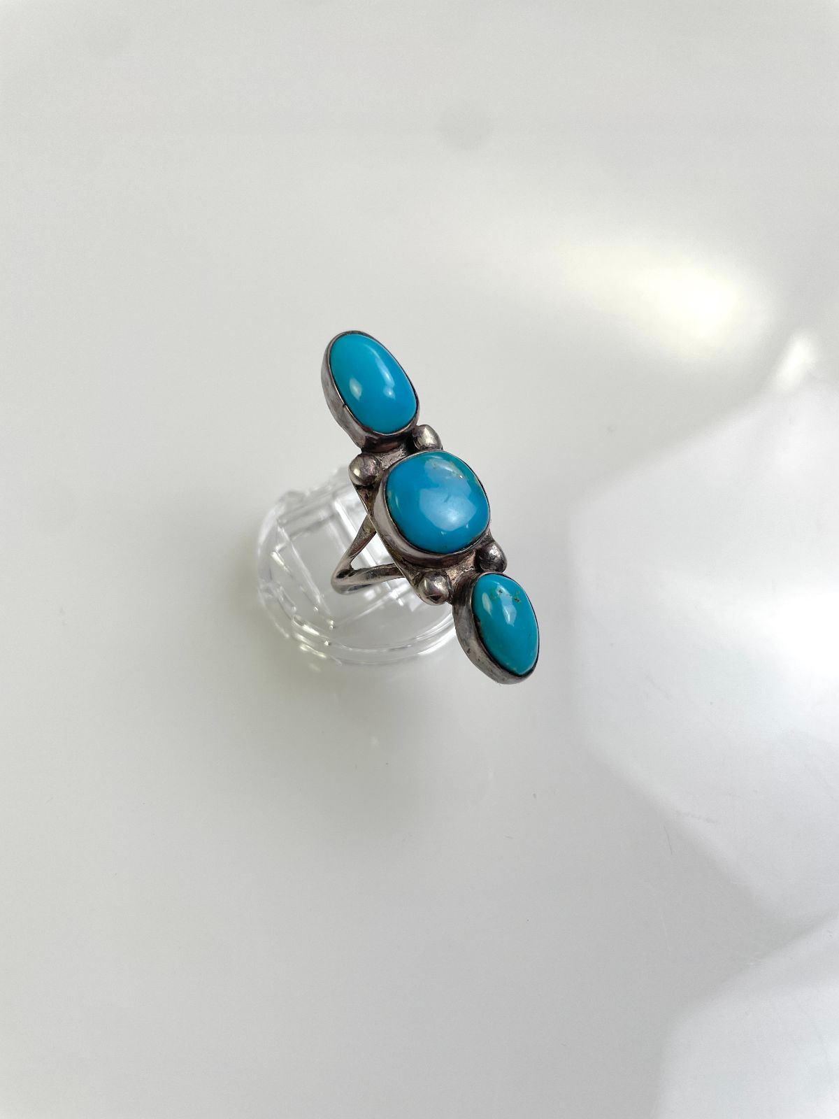VINTAGE PAWN TRIPLE KINGMAN TURQUOISE NUGGET ELONGATED 925 STERLING SILVER RING in SILVER, BLUE