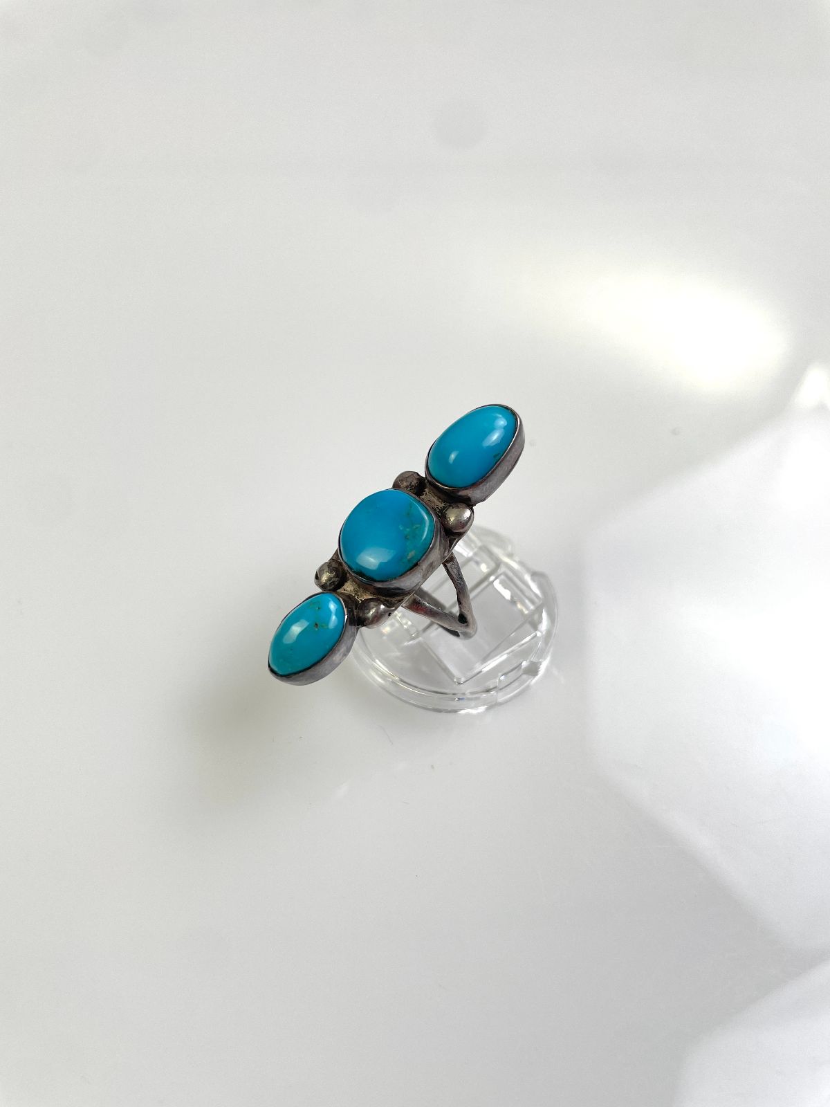 VINTAGE PAWN TRIPLE KINGMAN TURQUOISE NUGGET ELONGATED 925 STERLING SILVER RING in SILVER, BLUE