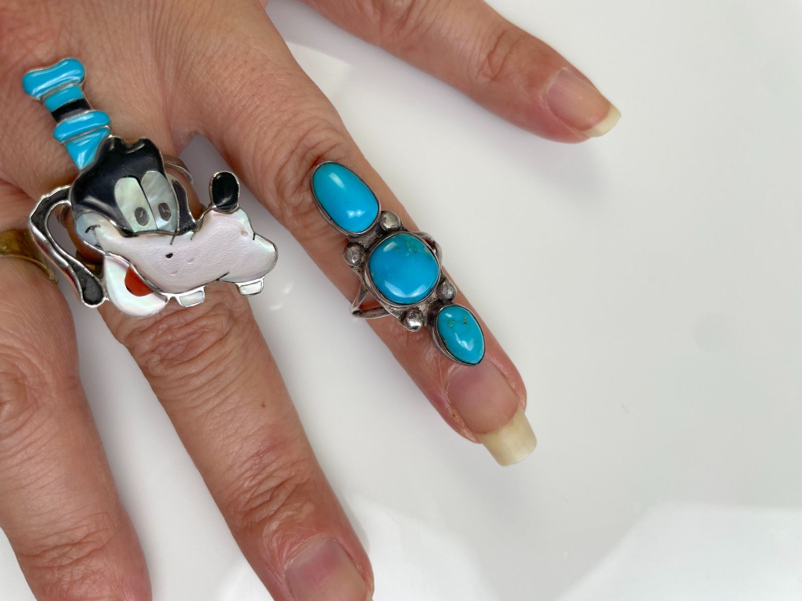 VINTAGE PAWN TRIPLE KINGMAN TURQUOISE NUGGET ELONGATED 925 STERLING SILVER RING in SILVER, BLUE