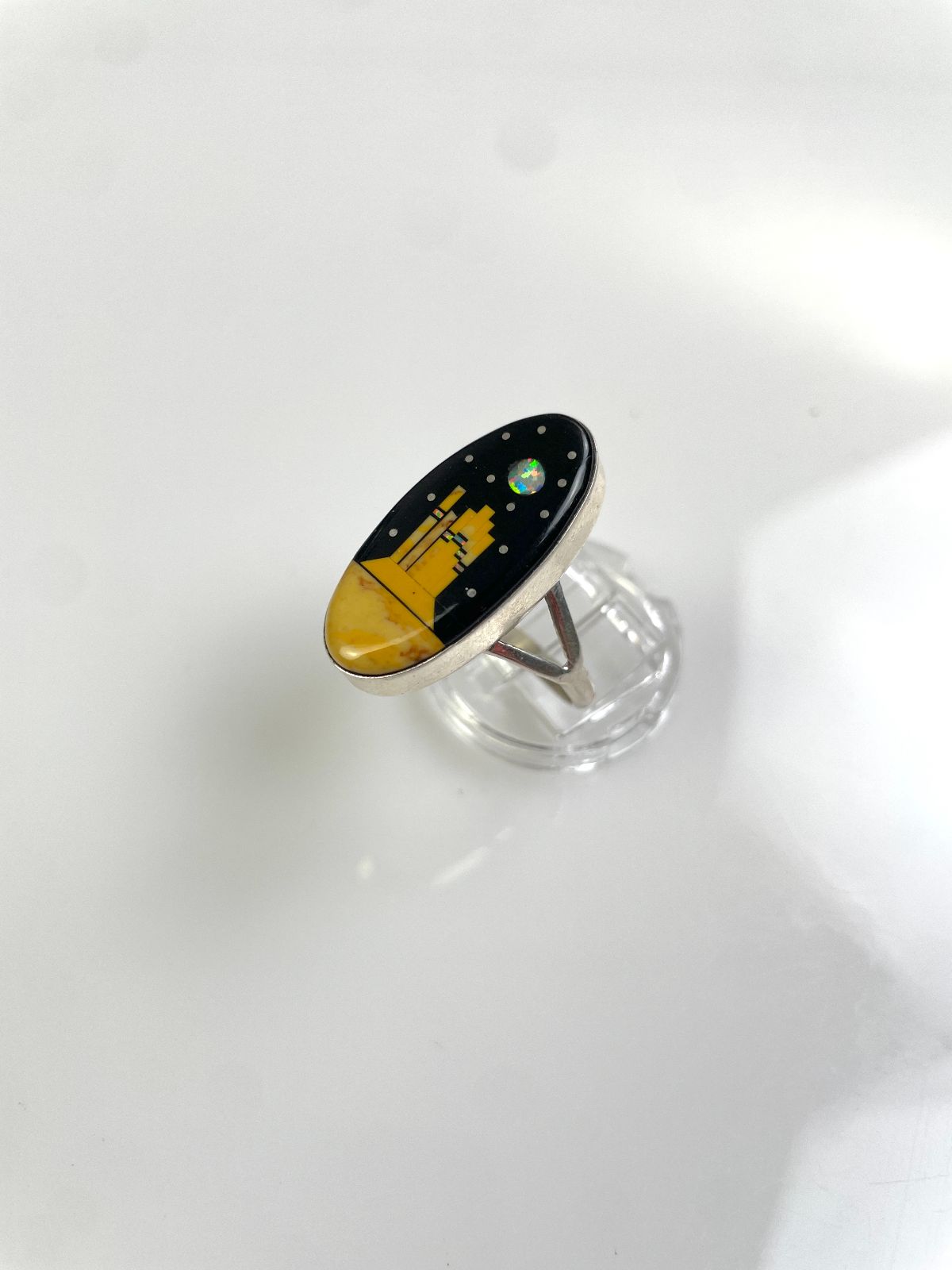 GORGEOUS! *SIGNED MATHEW JACK NAVAJO MICRO INLAY RED ROCK STERLING SILVER RING ONYX, OPAL, SPINY OYSTER, in BLACK, YELLOW