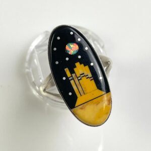 GORGEOUS! *SIGNED MATHEW JACK NAVAJO MICRO INLAY RED ROCK STERLING SILVER RING ONYX, OPAL, SPINY OYSTER, in BLACK, YELLOW