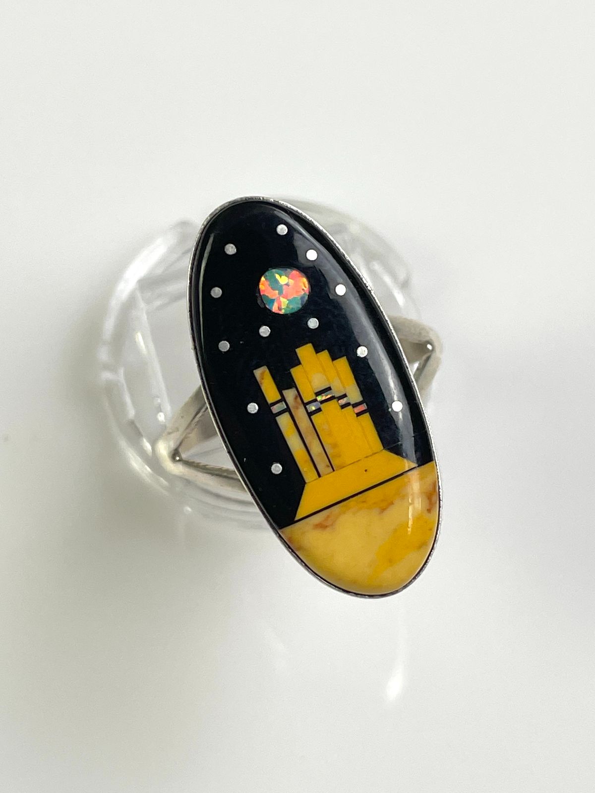 GORGEOUS! *SIGNED MATHEW JACK NAVAJO MICRO INLAY RED ROCK STERLING SILVER RING ONYX, OPAL, SPINY OYSTER, in BLACK, YELLOW
