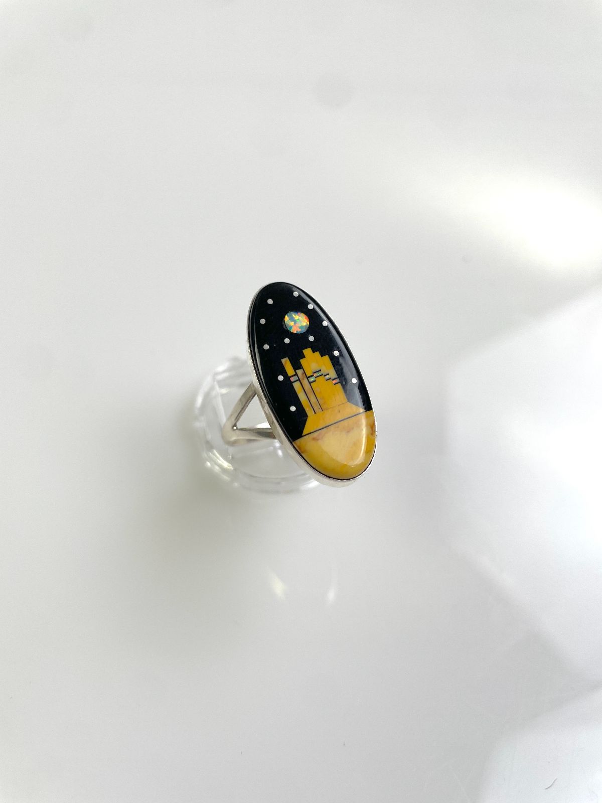 GORGEOUS! *SIGNED MATHEW JACK NAVAJO MICRO INLAY RED ROCK STERLING SILVER RING ONYX, OPAL, SPINY OYSTER, in BLACK, YELLOW