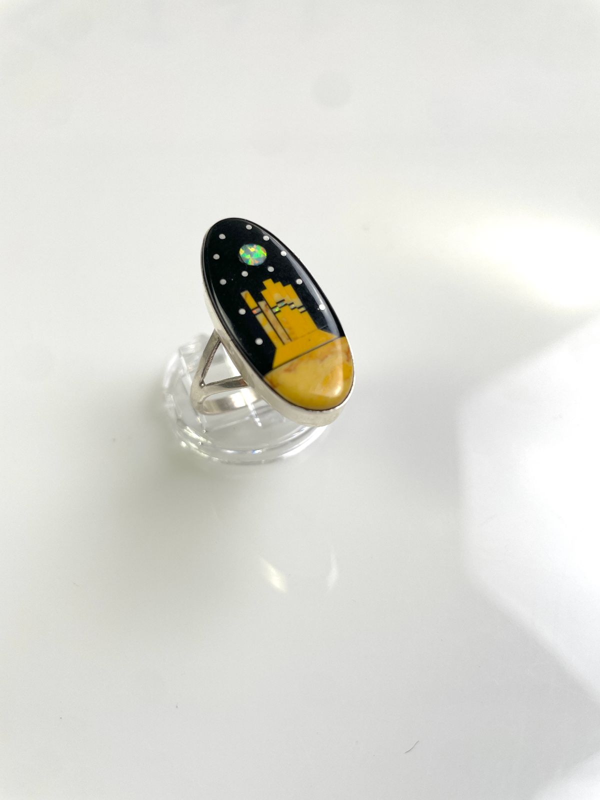 GORGEOUS! *SIGNED MATHEW JACK NAVAJO MICRO INLAY RED ROCK STERLING SILVER RING ONYX, OPAL, SPINY OYSTER, in BLACK, YELLOW
