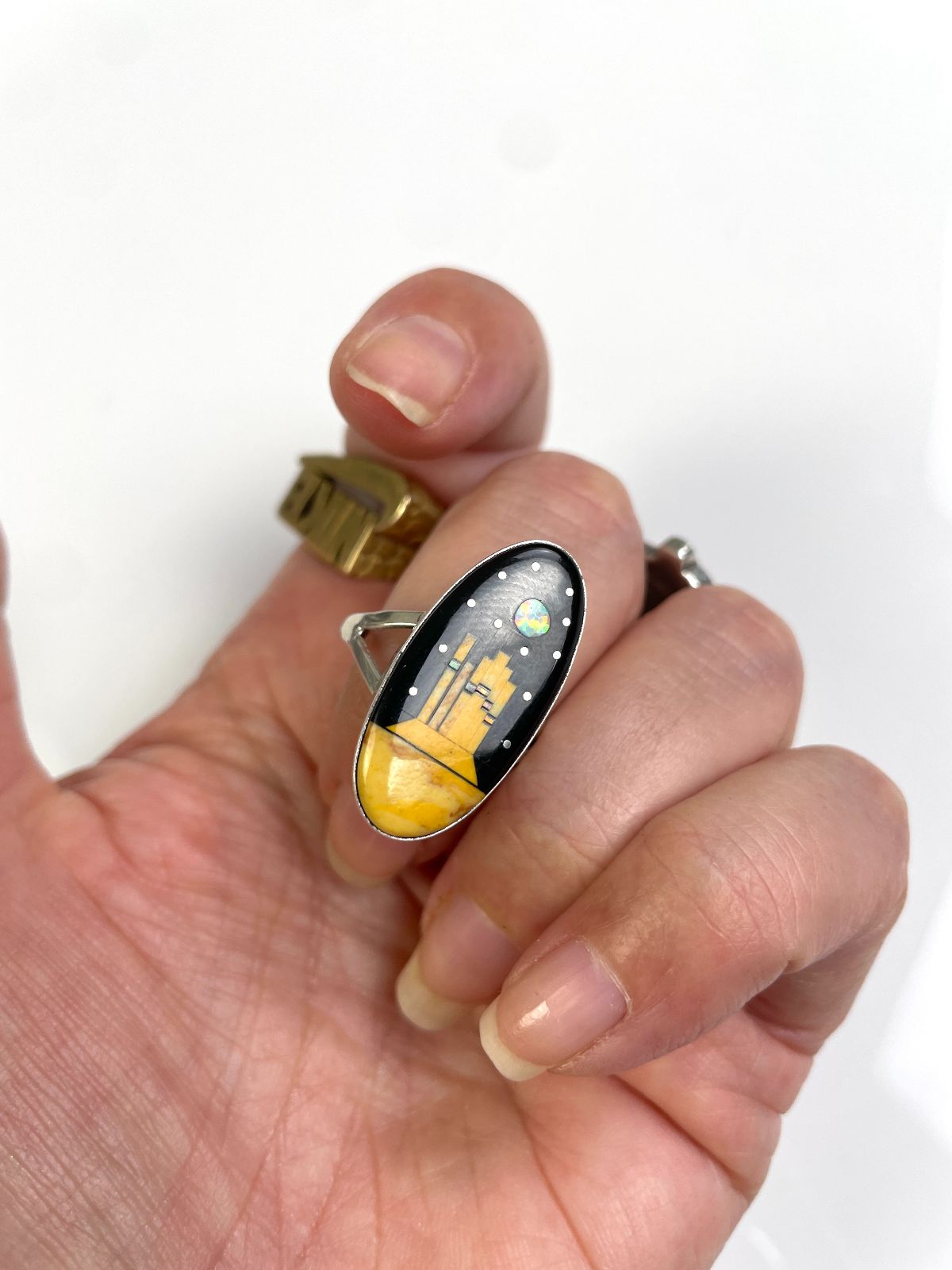GORGEOUS! *SIGNED MATHEW JACK NAVAJO MICRO INLAY RED ROCK STERLING SILVER RING ONYX, OPAL, SPINY OYSTER, in BLACK, YELLOW