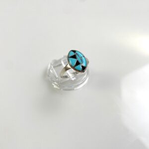 ZUNI HIGH POLISHED 925 STERLING SILVER TURQUOISE INLAY CHANNELED DIAMOND CUT-OUT RING in SILVER, BLUE