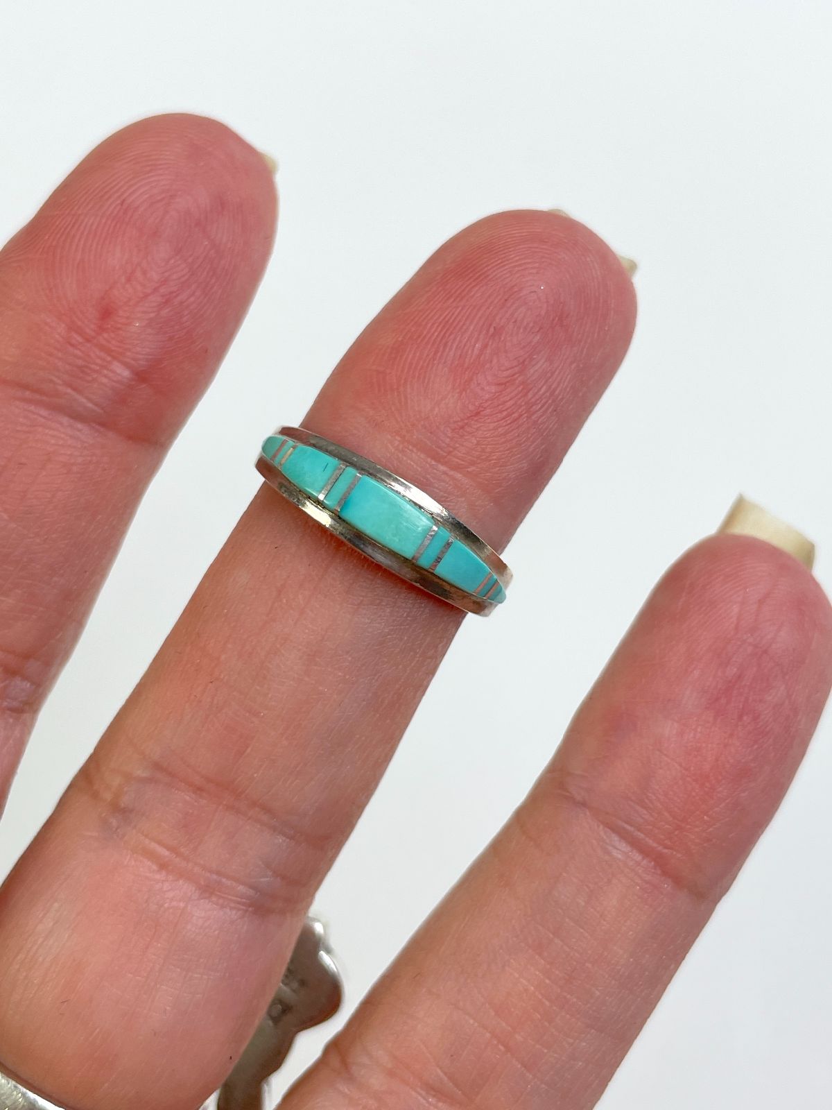 925 ZUNI CHANNEL INLAY TURQUOISE STERLING SILVER BAND RING in SILVER, BLUE
