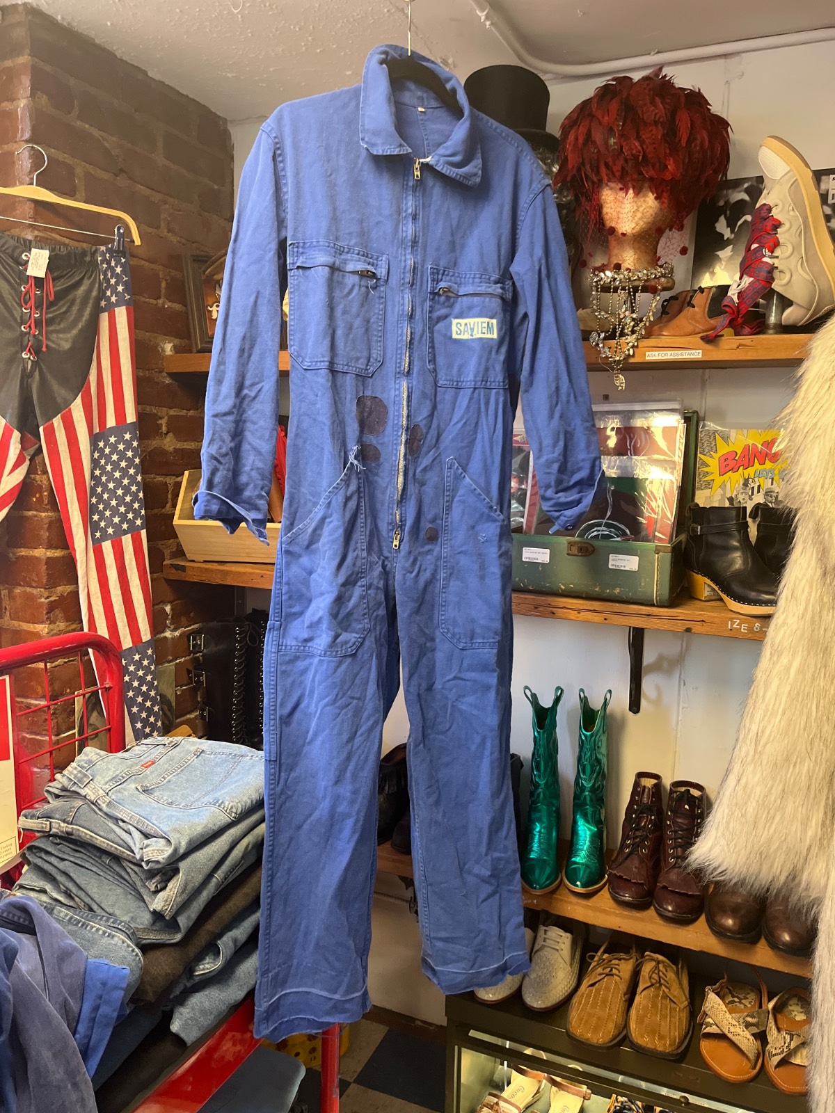 SAVIEM *AS-IS* PATCHED INDIGO BLUE FRENCH WORKWEAR JUMPSUIT COVERALLS WITH MULTIPLE POCKETS - SMALL FIT in BLUE