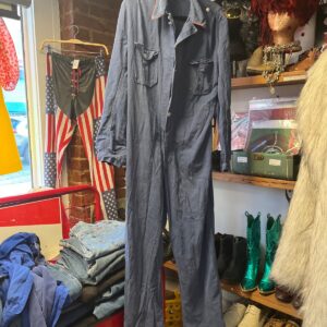 PERFECTLY FADED HERRINGBONE FRENCH WORKWEAR COVERALLS WITH PINK CONTRAST COLLAR BINDING in BLUE, PINK