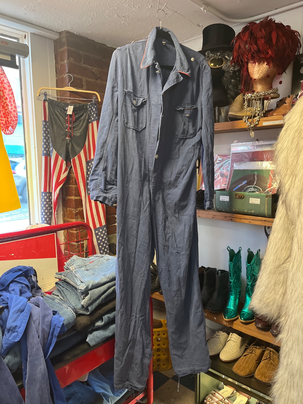 PERFECTLY FADED HERRINGBONE FRENCH WORKWEAR COVERALLS WITH PINK CONTRAST COLLAR BINDING in BLUE, PINK
