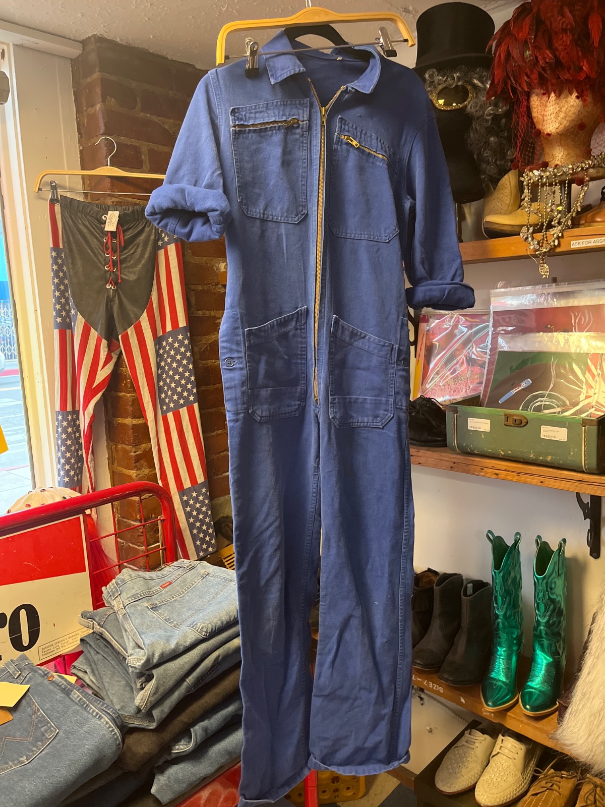 BRIGHT! SMALL FIT 100% COTTON INDIGO BLUE ZIP FRONT FRENCH WORKWEAR COVERALLS, TOP ZIPPER POCKETS in BLUE