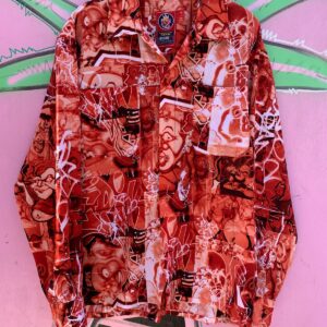 JNCO AS-IS 1990'S JNCO JEANS FUNKY GRAFFITI PRINT BY ARTIST "EPIC" MADE IN KOREA RED BUTTON DOWN SHIRT in RED