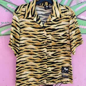 MO & CO ADORABLE! SILK BLEND ZEBRA STRIPED MICKEY MOUSE PRINT SHORT SLEEVE BUTTONED BLOUSE in YELLOW, BLACK