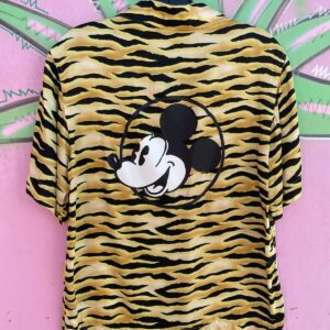 MO & CO ADORABLE! SILK BLEND ZEBRA STRIPED MICKEY MOUSE PRINT SHORT SLEEVE BUTTONED BLOUSE in YELLOW, BLACK