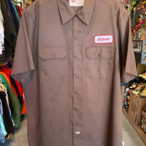 DICKIES 1990S SHORT SLEEVE WORK SHIRT ASSHOLE PATCH in BROWN