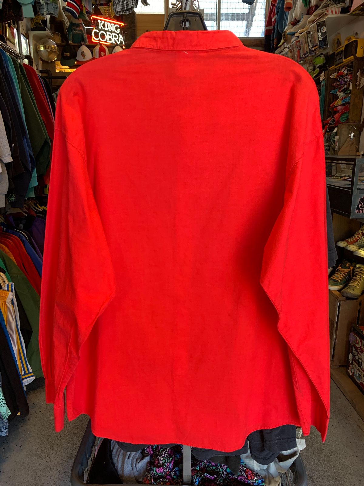 OCEAN PACIFIC *AS-IS* 1980S 100% COTTON OP SURFER GRAPHIC LONG SLEEVE BUTTON UP SHIRT in RED