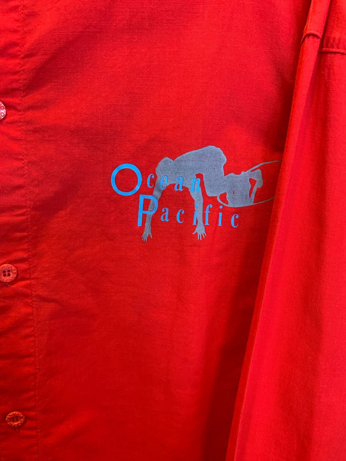 OCEAN PACIFIC *AS-IS* 1980S 100% COTTON OP SURFER GRAPHIC LONG SLEEVE BUTTON UP SHIRT in RED