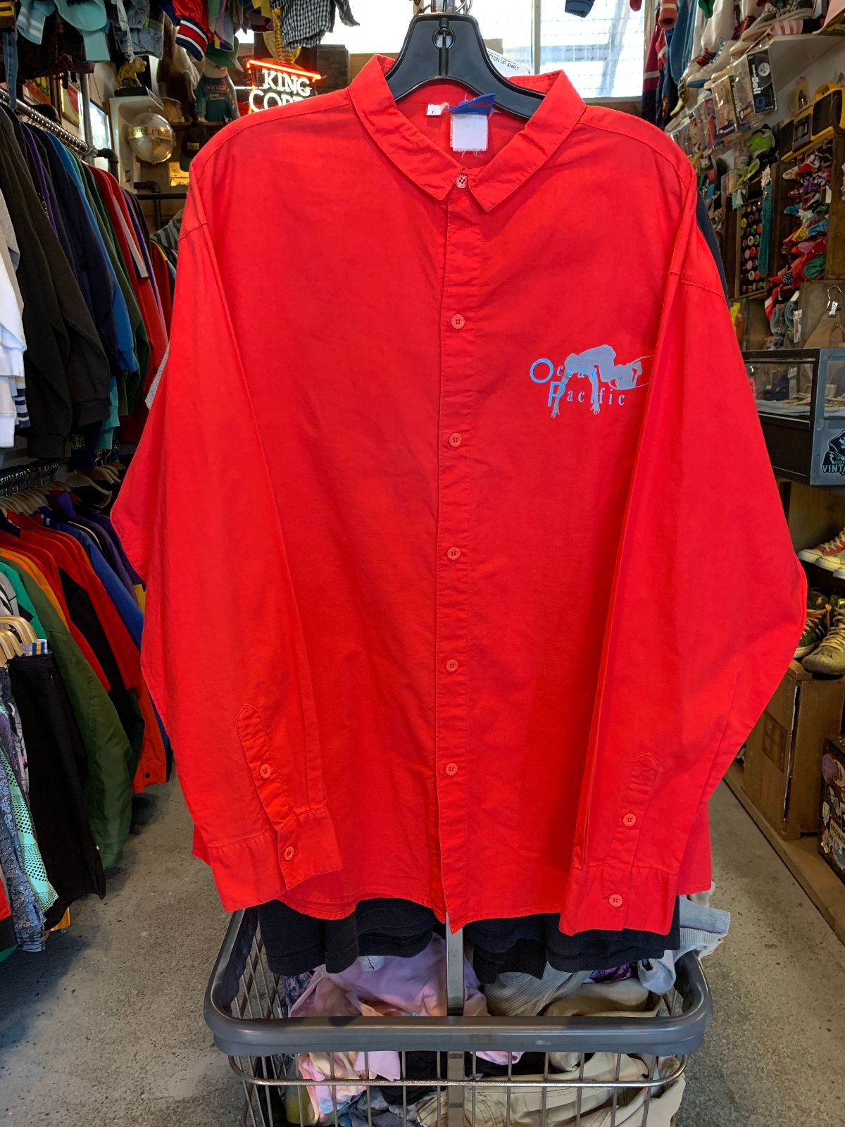 OCEAN PACIFIC *AS-IS* 1980S 100% COTTON OP SURFER GRAPHIC LONG SLEEVE BUTTON UP SHIRT in RED