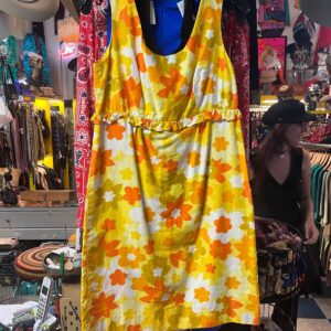 SAKS FIFTH AVENUE 1960S COTTON FLOWER POWER MOD MINI DRESS in YELLOW, ORANGE
