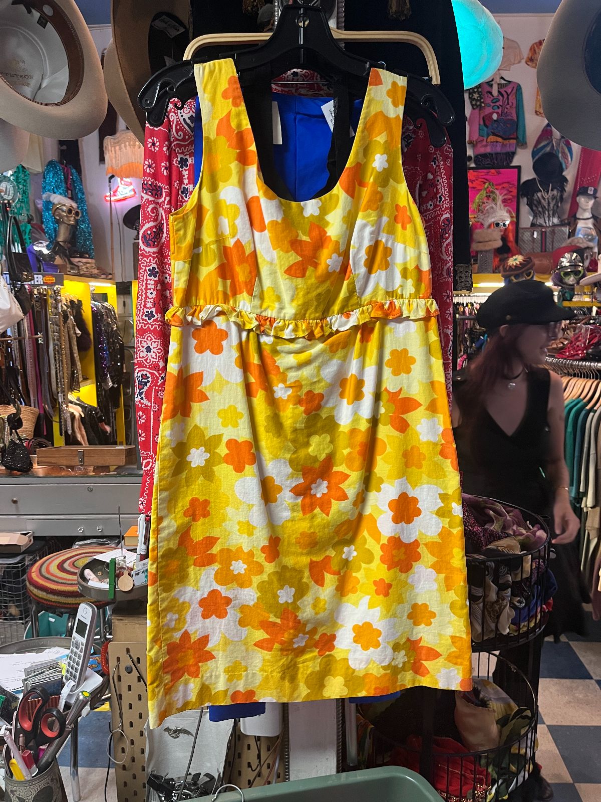 SAKS FIFTH AVENUE 1960S COTTON FLOWER POWER MOD MINI DRESS in YELLOW, ORANGE