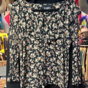 NO BARRIERS CUTE 1990S DARK FLORAL PRINT SHEER & RUFFLED BLOUSE in BLACK, PINK