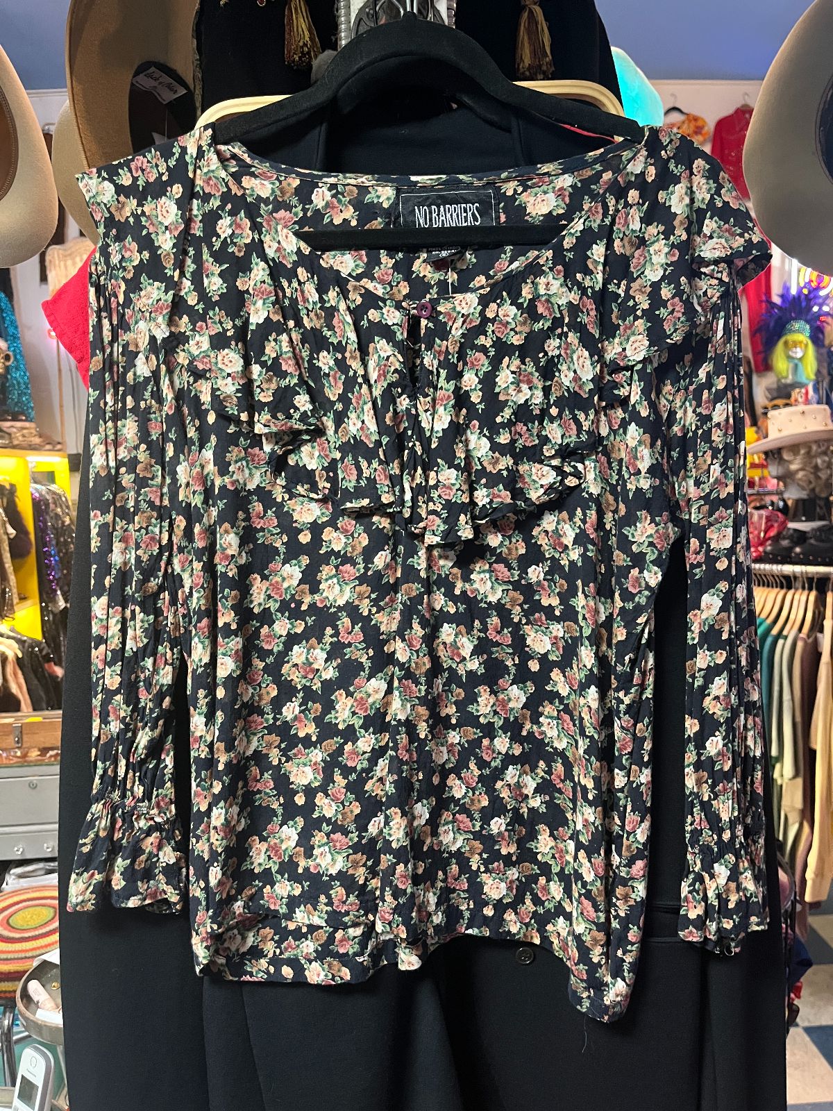 NO BARRIERS CUTE 1990S DARK FLORAL PRINT SHEER & RUFFLED BLOUSE in BLACK, PINK