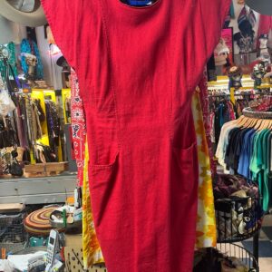 AVON FASHION 1980S-90S LINEN BLEND FULL BUTTON BACK WIGGLE DRESS in RED