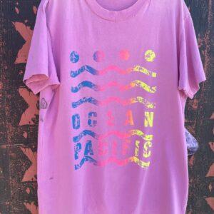 OCEAN PACIFIC 1990S OP NEON OMBRE GEOMETRIC SINGLE STITCH T-SHIRT W/ HAND MADE EMBROIDERED FLOWERS in PURPLE
