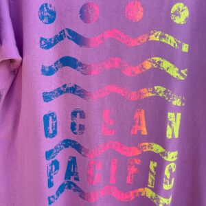 OCEAN PACIFIC 1990S OP NEON OMBRE GEOMETRIC SINGLE STITCH T-SHIRT W/ HAND MADE EMBROIDERED FLOWERS in PURPLE