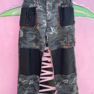 WORKER WORKER CAMO CARGO PANTS WITH ORANGE TRIM AND BLACK KNEE PATCHES in BLACK, GRAY, ORANGE