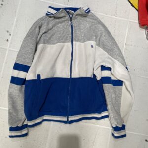 COLORBLOCK ZIP UP SWEATSHIRT WITH STRIPED CUFFS in GRAY, WHITE, BLUE