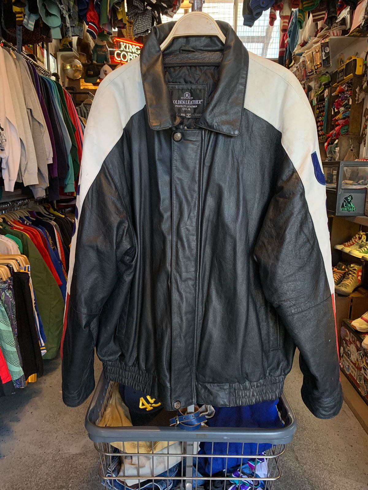 GOLDEN LEATHER AS-IS BLACK AND WHITE USA FLAG LEATHER JACKET in BLACK