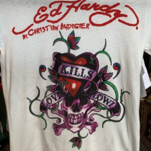ED HARDY LOVE KILLS SLOW SKULL GRAPHIC RINGER T-SHIRT in WHITE, RED
