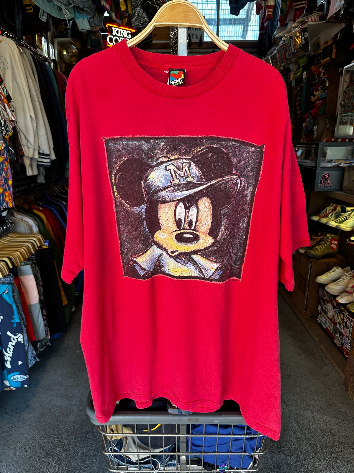 DISNEY MADE IN USA 1990S OVERSIZED MICKEY MOUSE BASEBALL HAT GRAPHIC SINGLE STITCH T-SHIRT in RED, BLACK, YELLOW