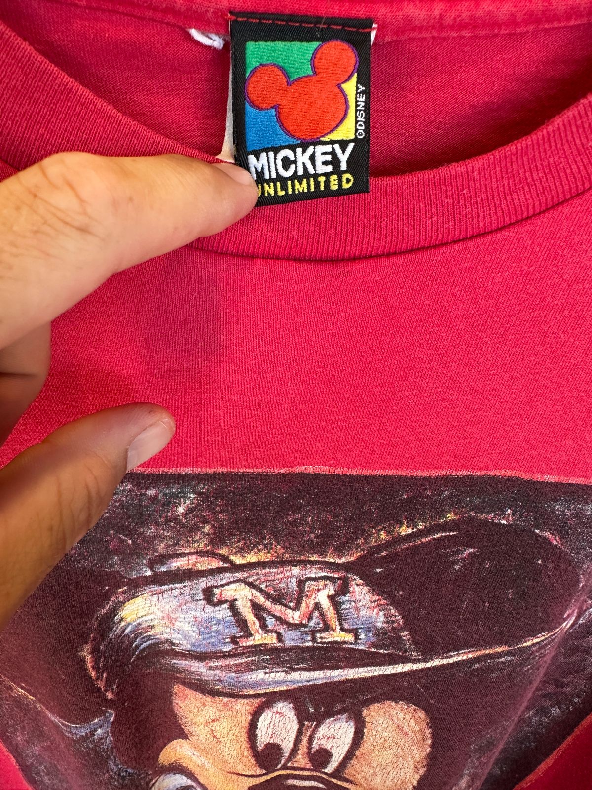 DISNEY MADE IN USA 1990S OVERSIZED MICKEY MOUSE BASEBALL HAT GRAPHIC SINGLE STITCH T-SHIRT in RED, BLACK, YELLOW