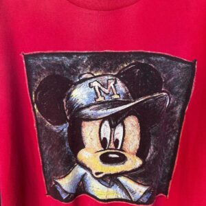 DISNEY MADE IN USA 1990S OVERSIZED MICKEY MOUSE BASEBALL HAT GRAPHIC SINGLE STITCH T-SHIRT in RED, BLACK, YELLOW